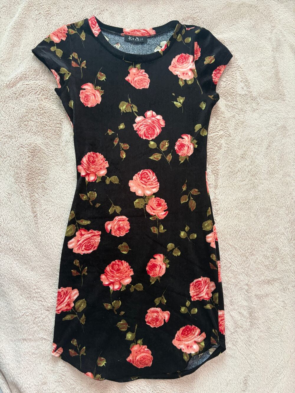 Kanji Black Rose Print Bodycon Dress Size S